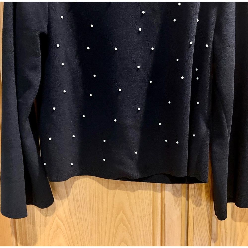 Zara Trafaluc Black Fleece Faux Pearl Long Sleeve Top Size Medium - Picture 4 of 6